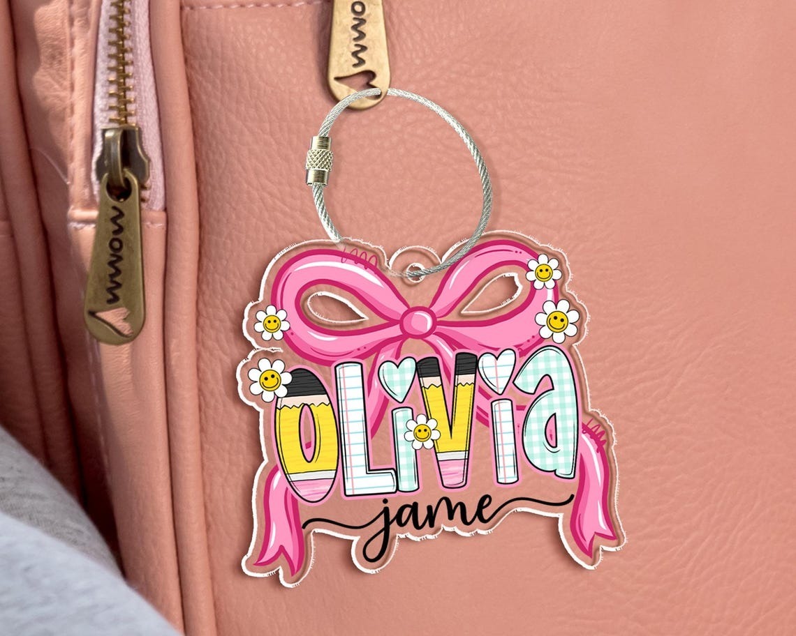 Coquette Girl School Name Tag, Pink Bow Name Keychain for Girl, Back To School Gift for Toddler, Lunch Bag Tag, Backpack Name Tag, Bag Label