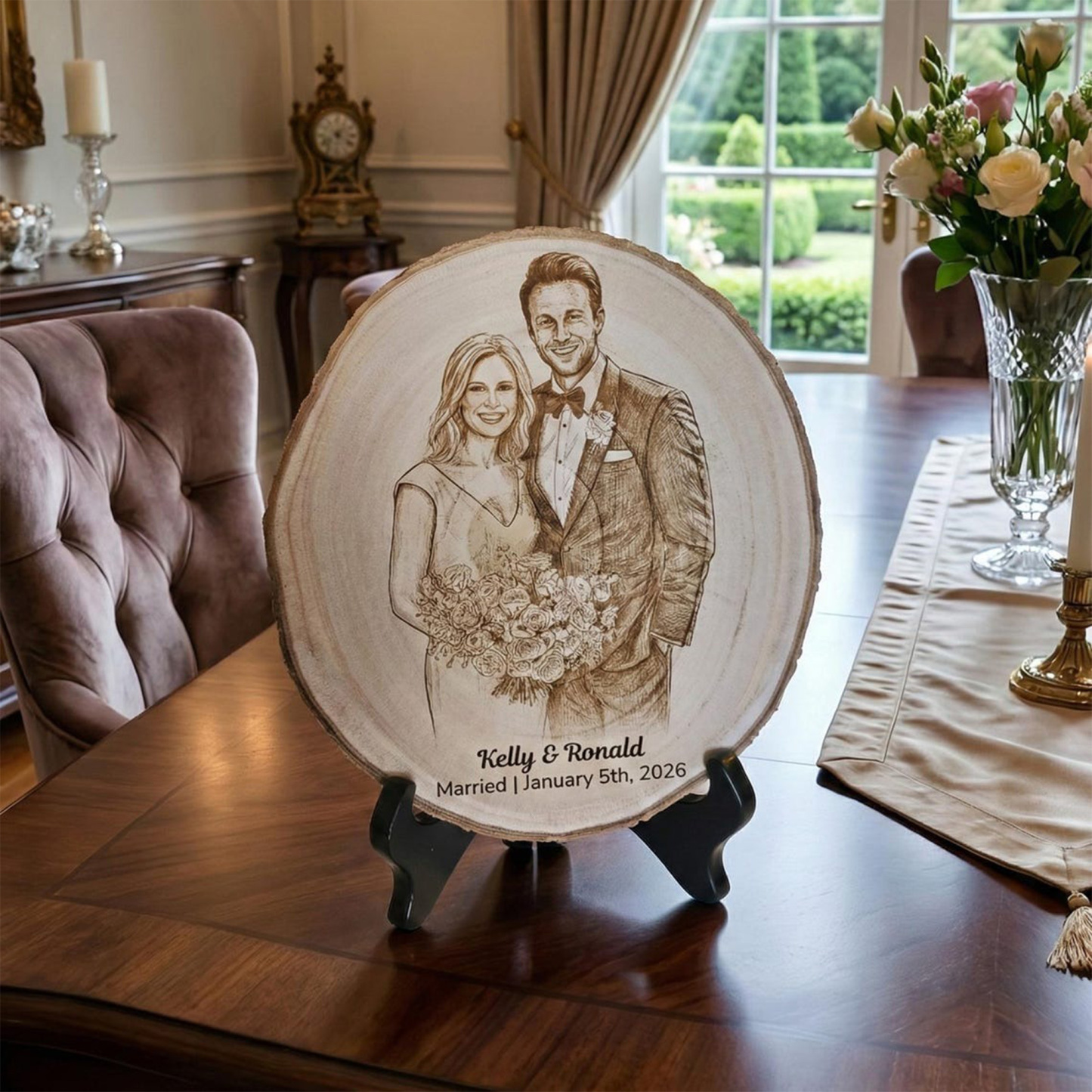 Personalized Family Photo Portrait Engraved Wood Slice Display, Wood Slice Keepsake, Memorial Keepsake, Home Decor