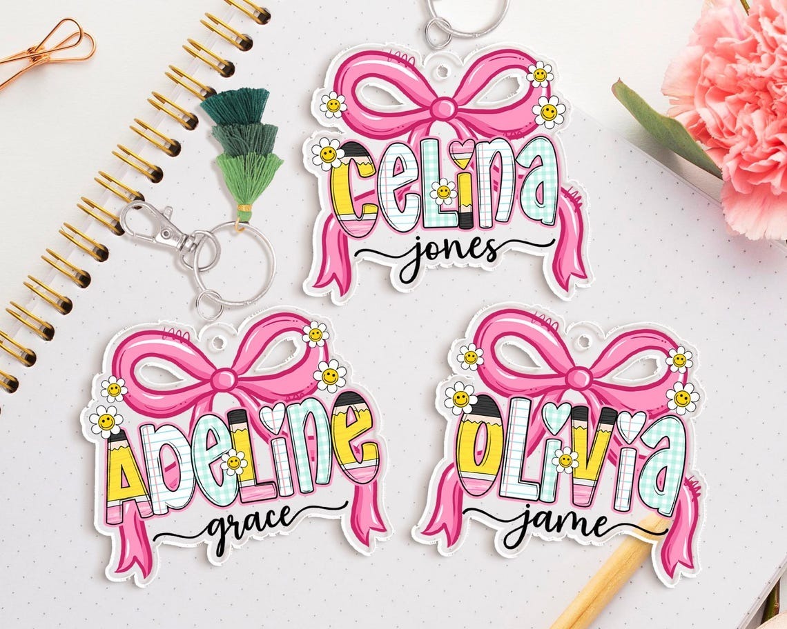 Coquette Girl School Name Tag, Pink Bow Name Keychain for Girl, Back To School Gift for Toddler, Lunch Bag Tag, Backpack Name Tag, Bag Label
