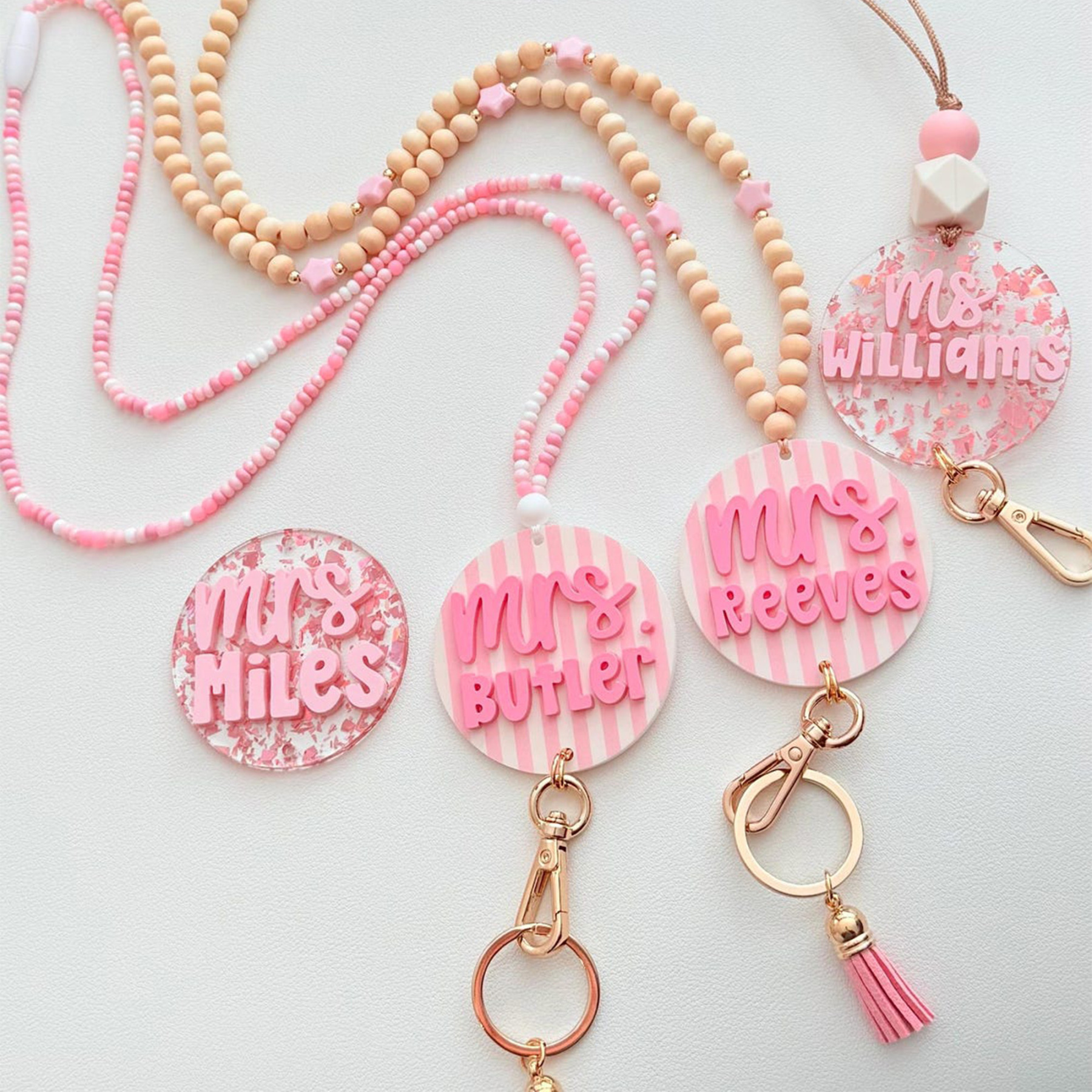 Custom Name ID Badge Holder, Pink Lanyard, Back to School Gift