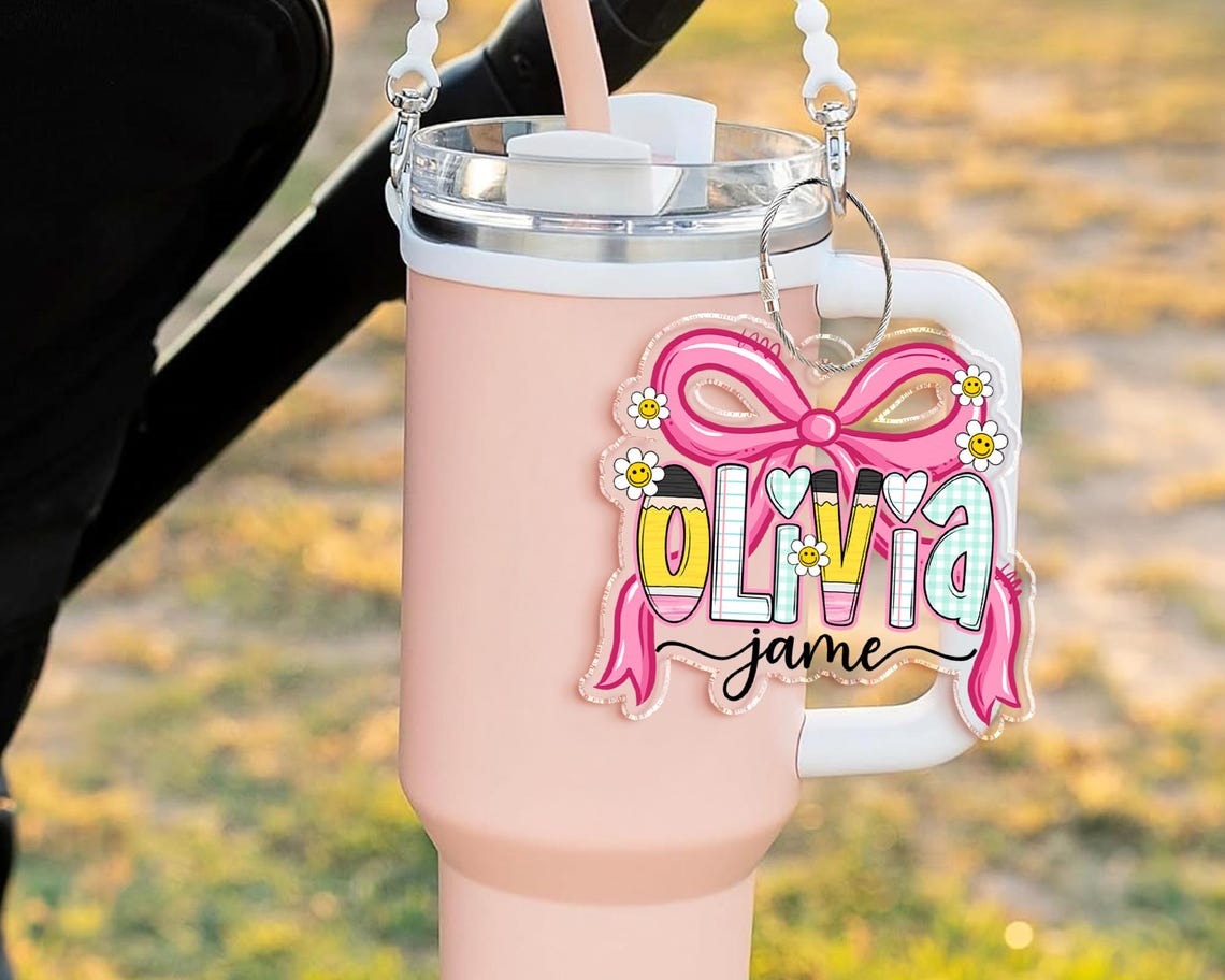 Coquette Girl School Name Tag, Pink Bow Name Keychain for Girl, Back To School Gift for Toddler, Lunch Bag Tag, Backpack Name Tag, Bag Label