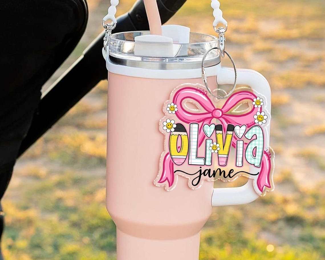 Coquette Girl School Name Tag, Pink Bow Name Keychain for Girl, Back To School Gift for Toddler, Lunch Bag Tag, Backpack Name Tag, Bag Label