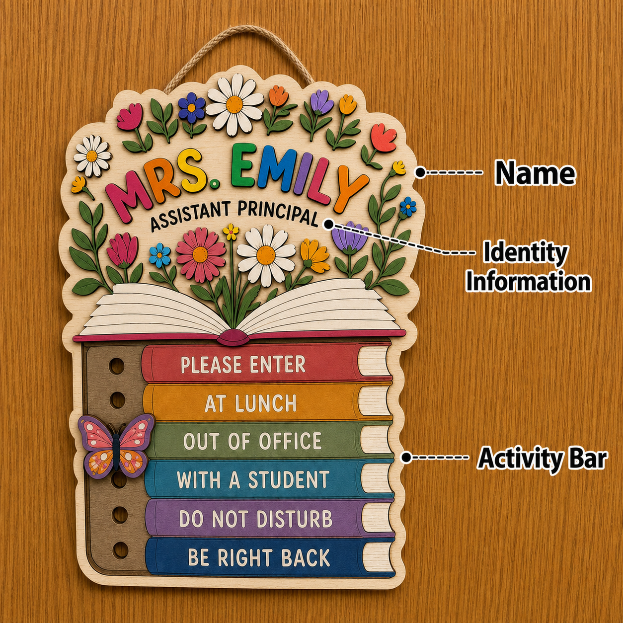 Personalized Floral Plywood School Psychologist Door Sign with Name and Status Markers Office Gift for Educators