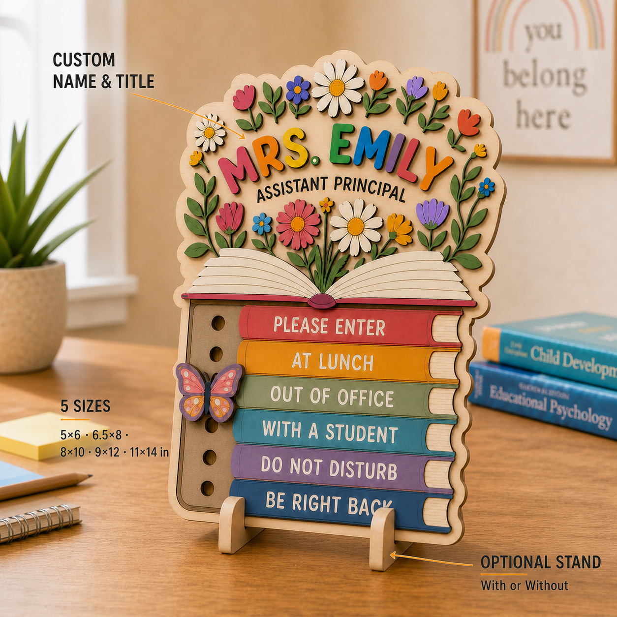 Personalized Floral Plywood School Psychologist Door Sign with Name and Status Markers Office Gift for Educators