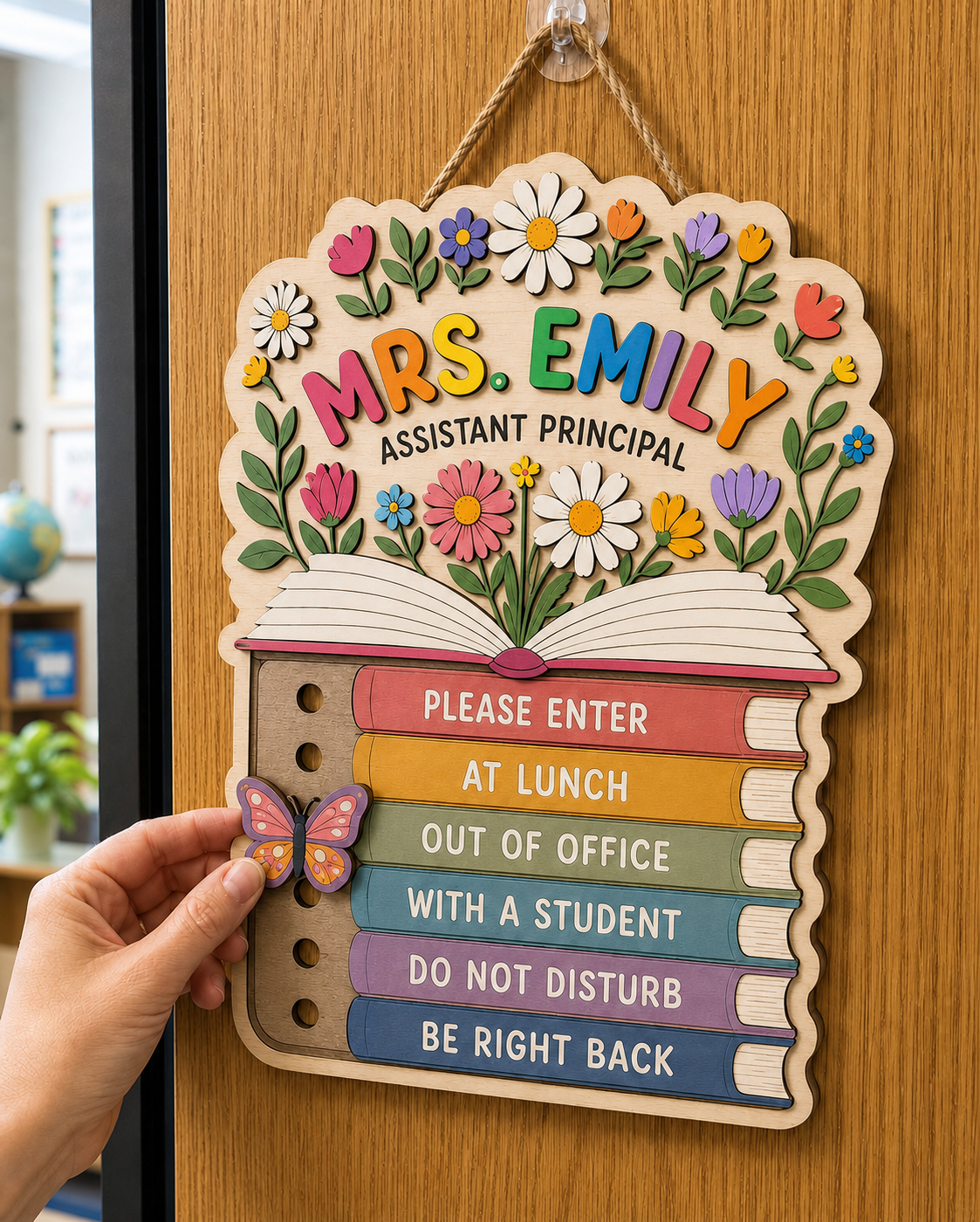 Personalized Floral Plywood School Psychologist Door Sign with Name and Status Markers Office Gift for Educators