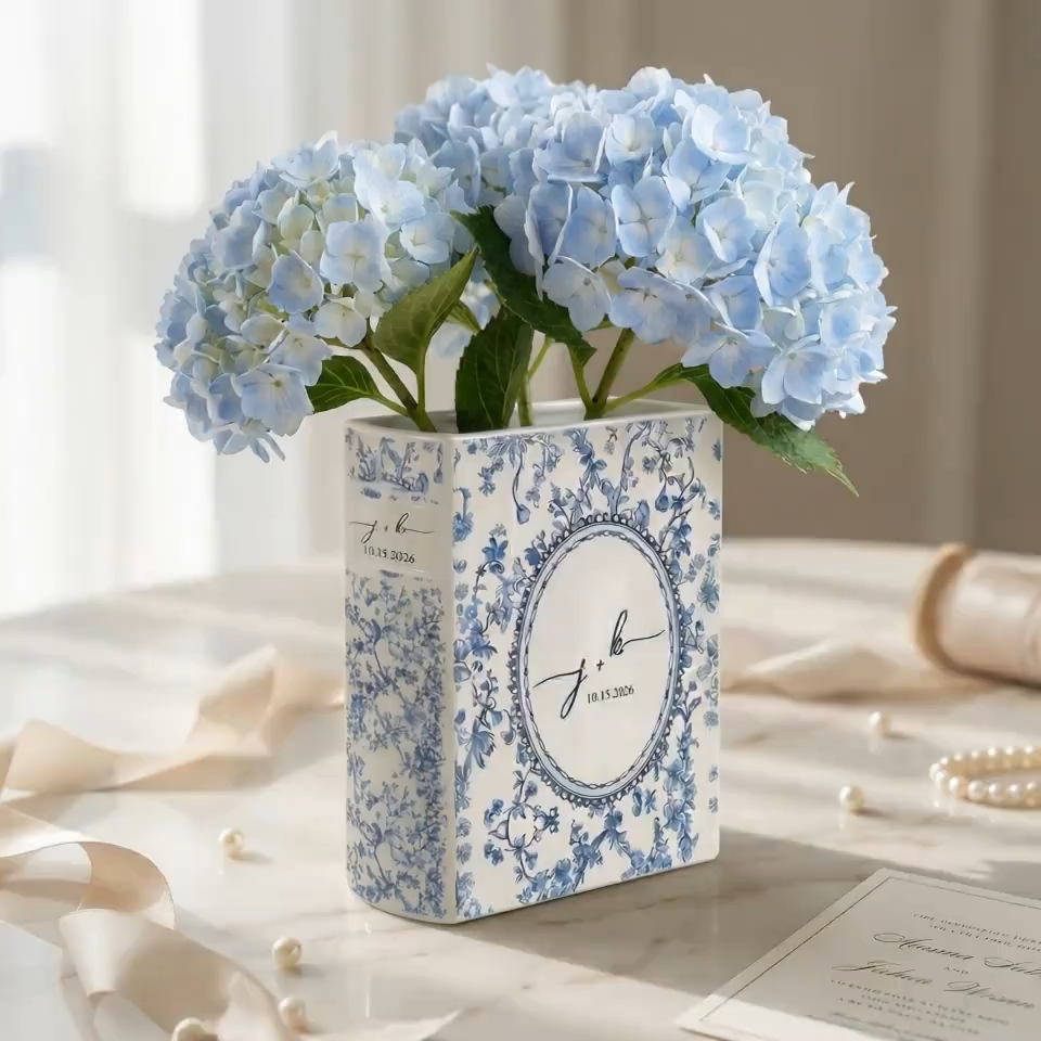 Personalized Ceramic Book Vase, Custom Toile de Jouy Wedding Vase With Couple Initials, Bridal Shower Gift