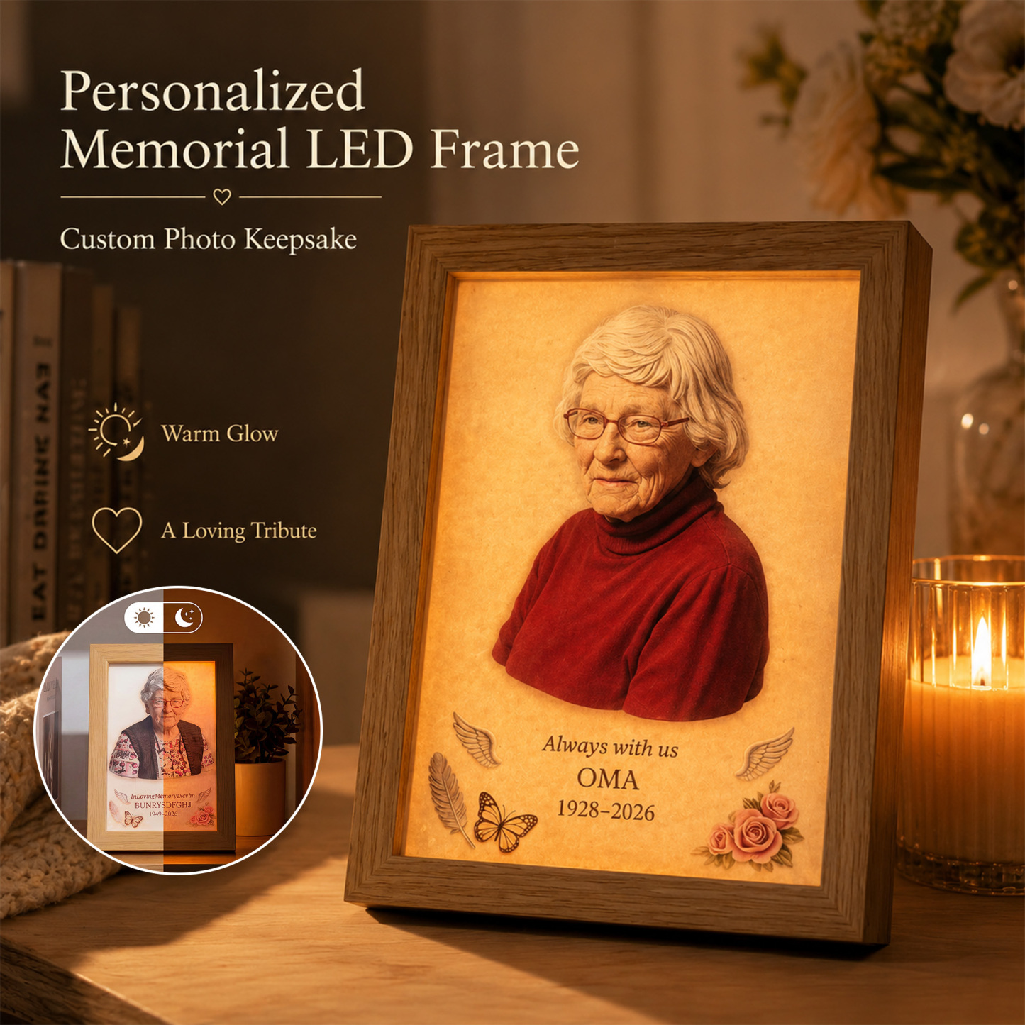Personalized 2D Photo Memorial Wooden Frame with Light, Flat Printed Photo Frame, Memorial Decor, Memorial Gift, Mother's Day Gift