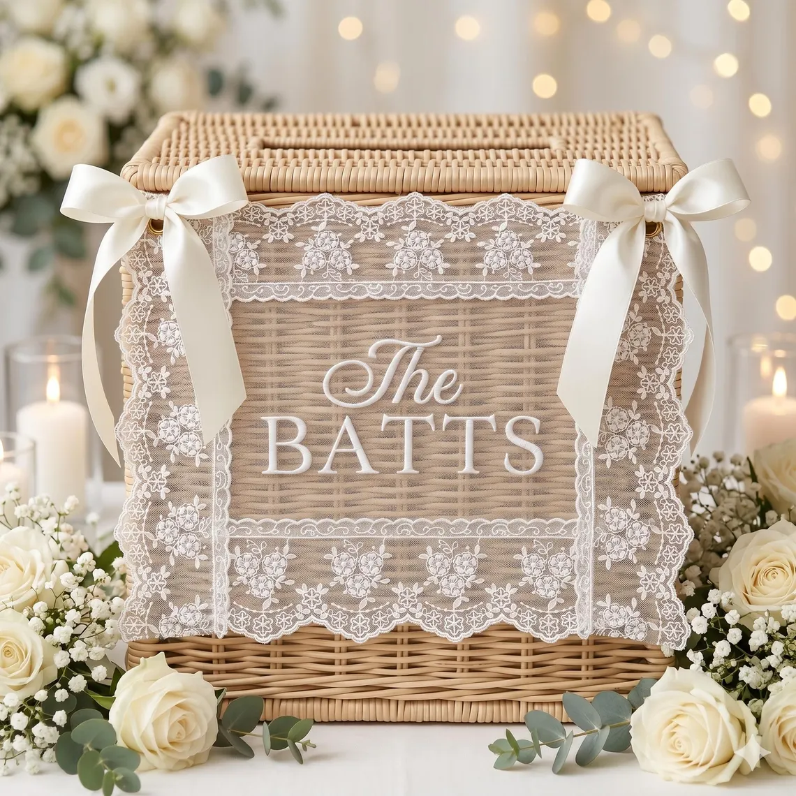 Personalized Embroidered Lace Wedding Box Sign with Family Name Reception Keepsake Gift for Couples
