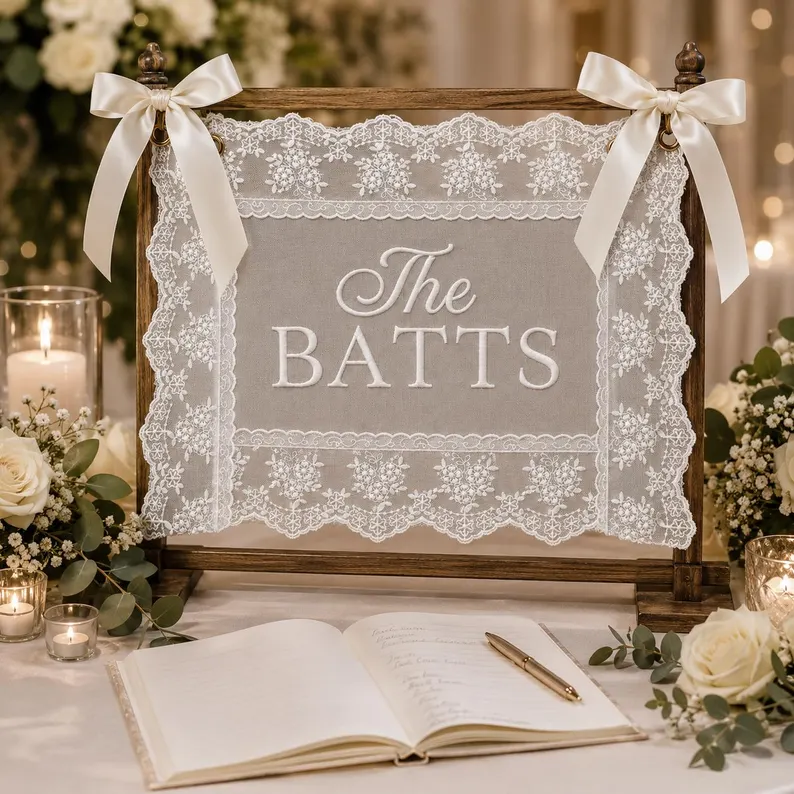 Personalized Embroidered Lace Wedding Box Sign with Family Name Reception Keepsake Gift for Couples