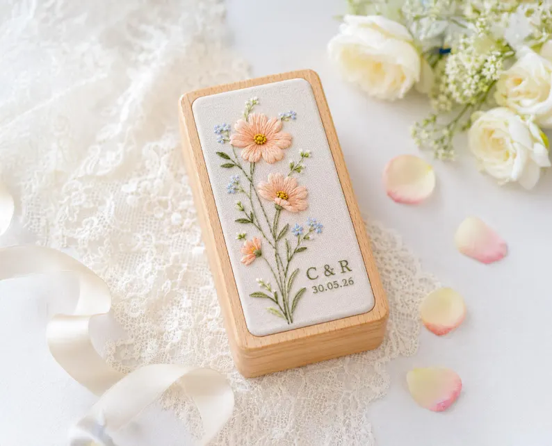 Personalized Calla Lily Linen Jewelry Box with Initials and Date Wedding Ring Keepsake Gift for Bride