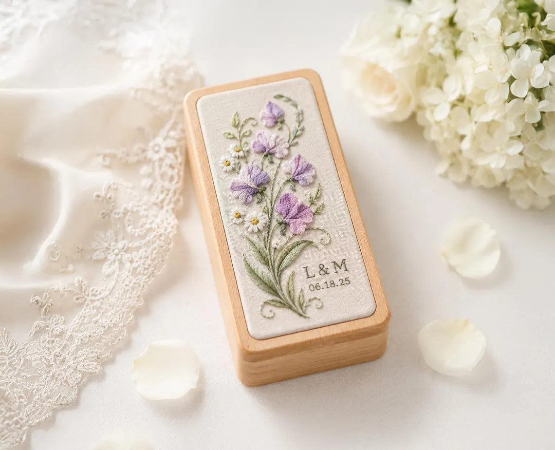 Personalized Calla Lily Linen Jewelry Box with Initials and Date Wedding Ring Keepsake Gift for Bride