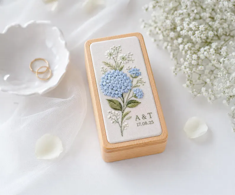 Personalized Calla Lily Linen Jewelry Box with Initials and Date Wedding Ring Keepsake Gift for Bride