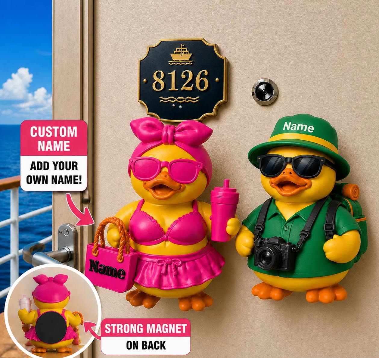 Personalized Beach Duck Door Magnet and Standing Display with Custom Name Cruise Gift for Partner