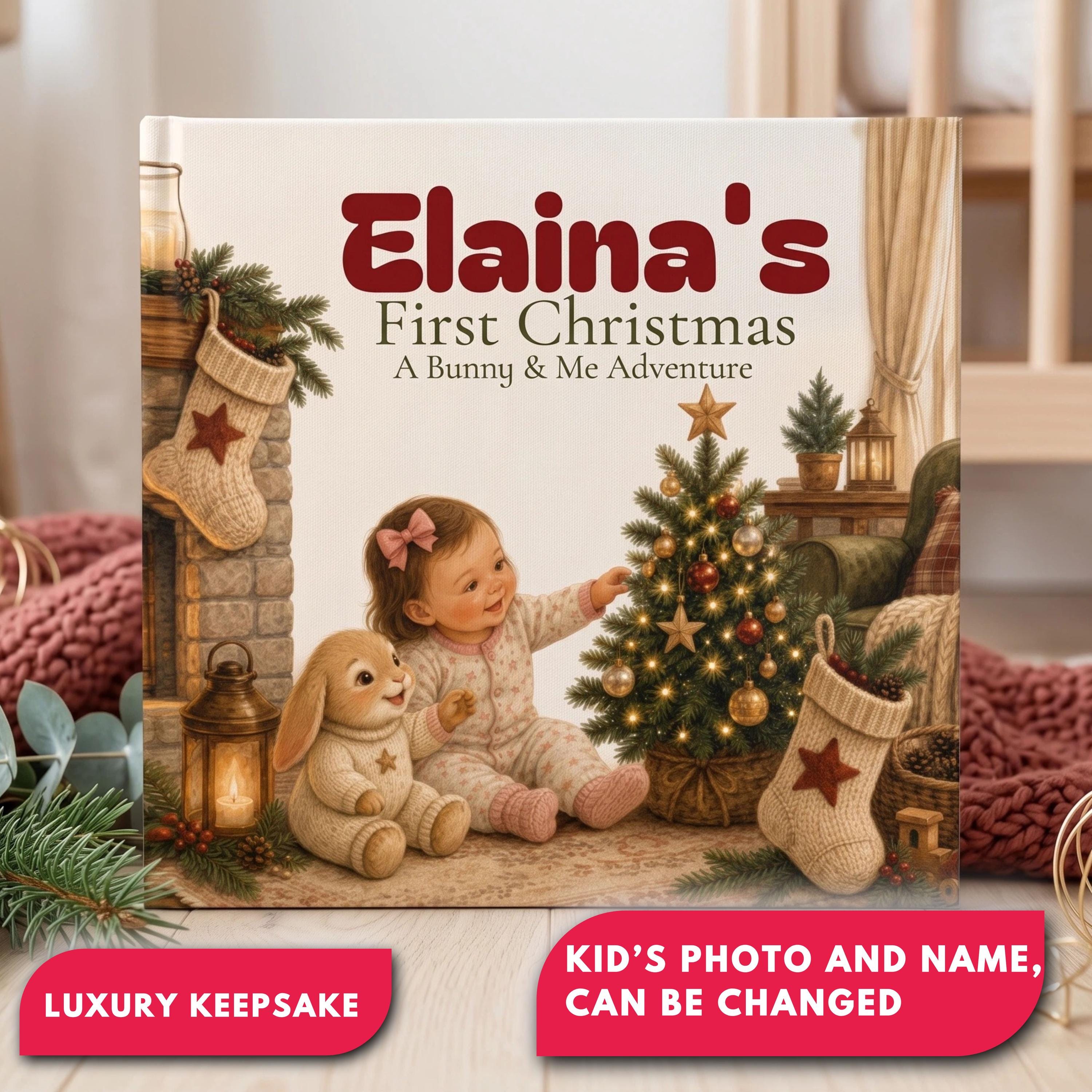 Personalized Bunny Baby's First Christmas Book with Name and Photos Holiday Keepsake Gift for New Parents