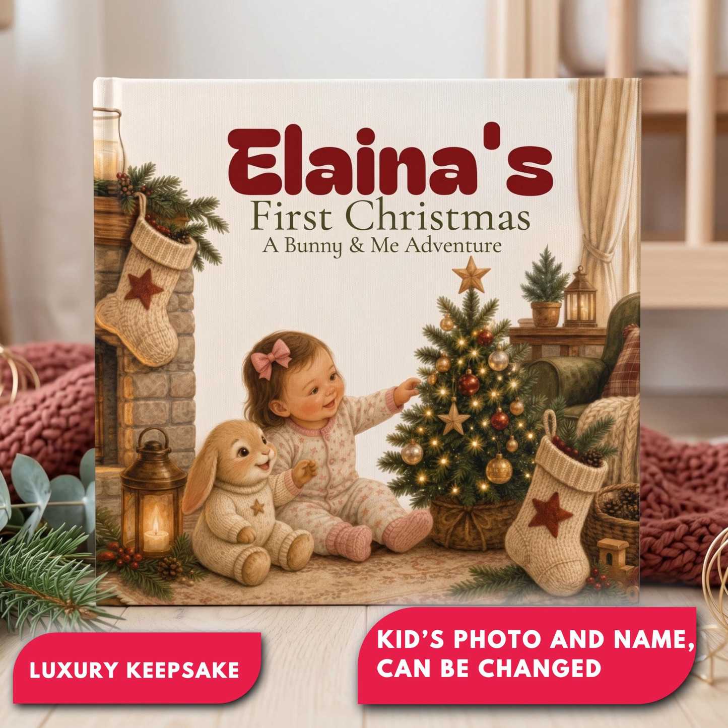 Personalized Bunny Baby's First Christmas Book with Name and Photos Holiday Keepsake Gift for New Parents
