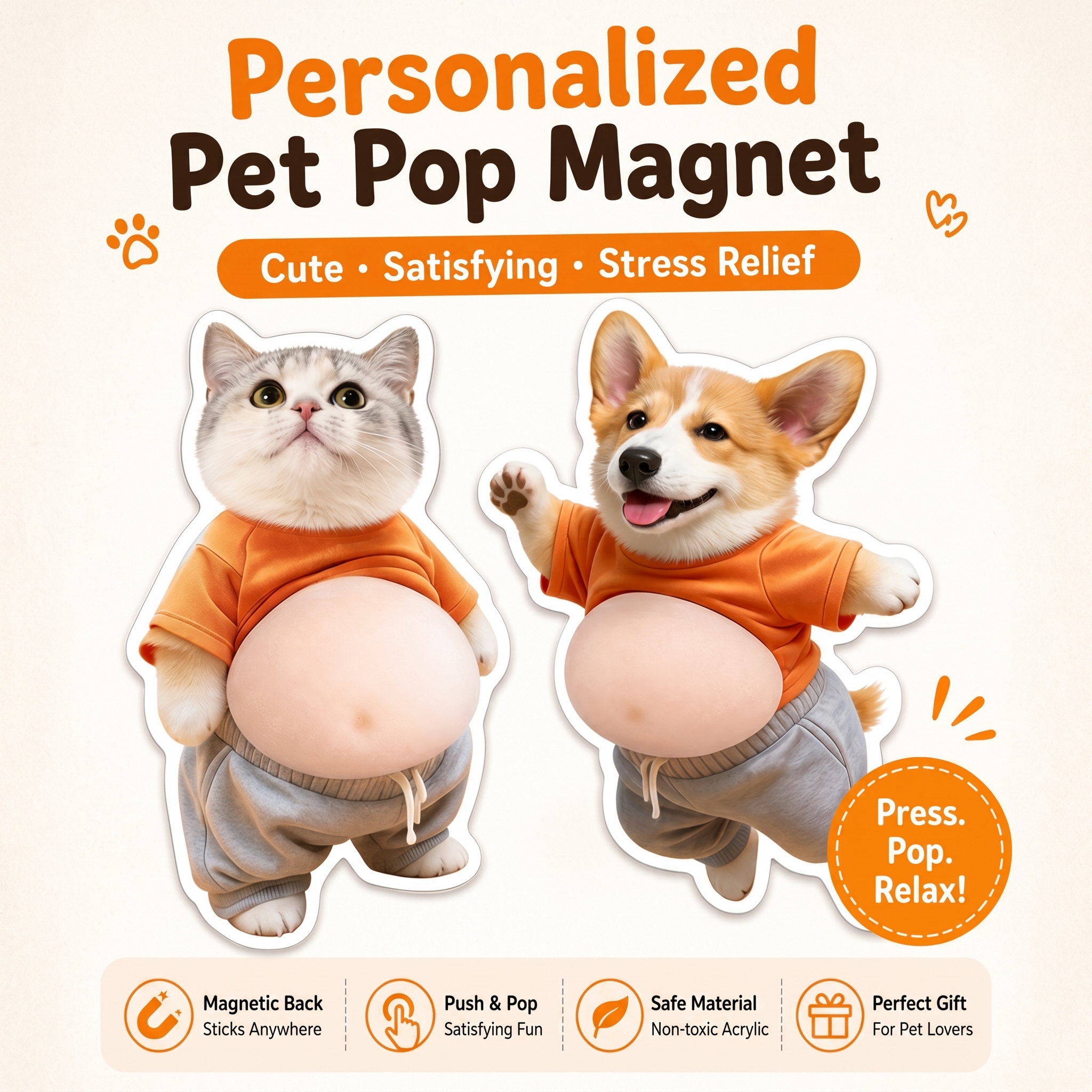 Personalized Cat & Dog Pet Portrait Acrylic Magnet, Squishy Fidget Push Pop Gift