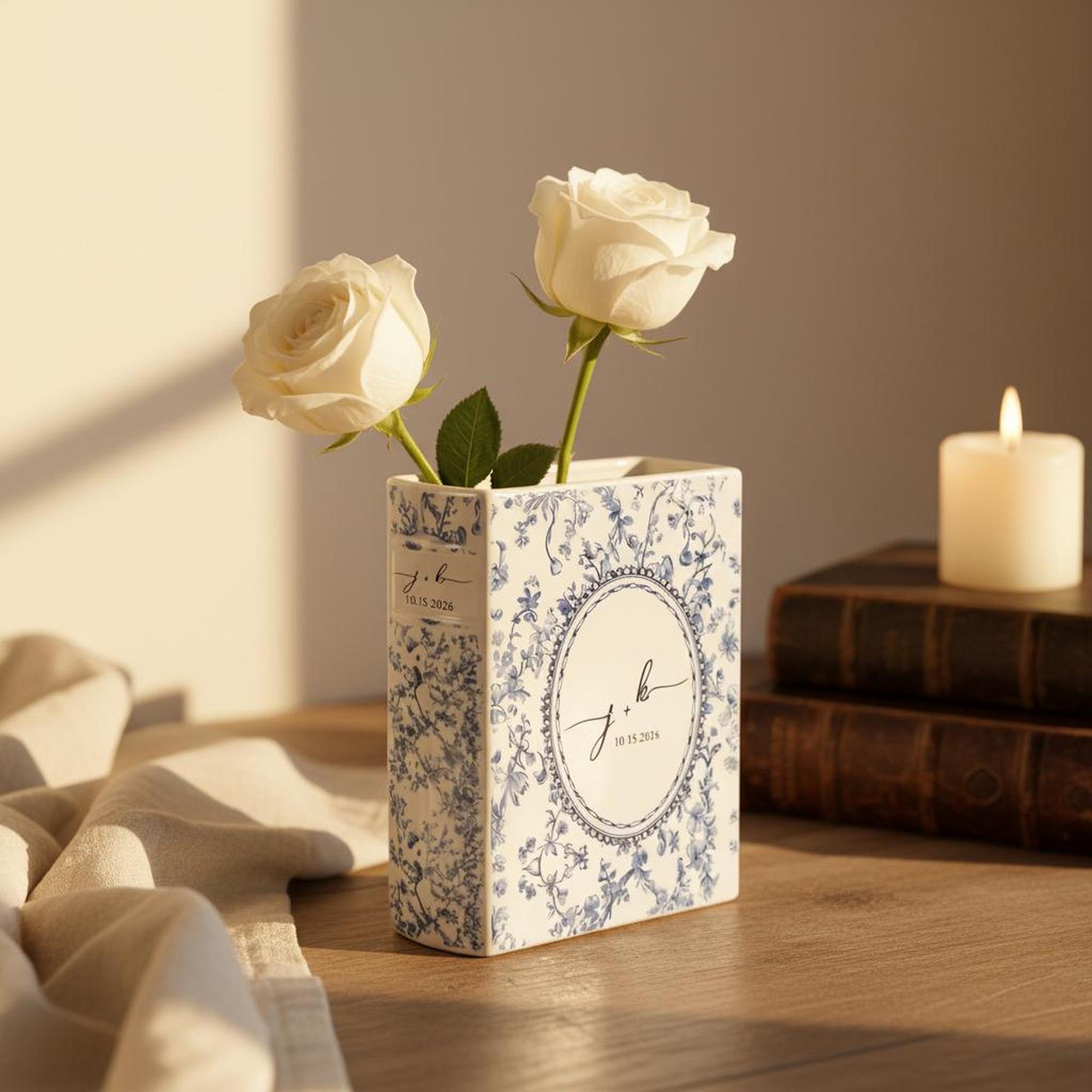 Personalized Ceramic Book Vase, Custom Toile de Jouy Wedding Vase With Couple Initials, Bridal Shower Gift