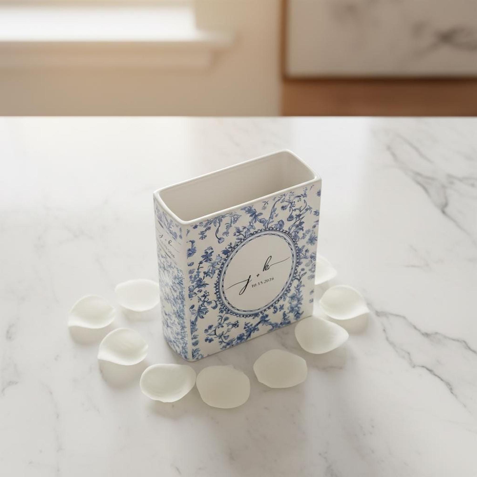 Personalized Ceramic Book Vase, Custom Toile de Jouy Wedding Vase With Couple Initials, Bridal Shower Gift