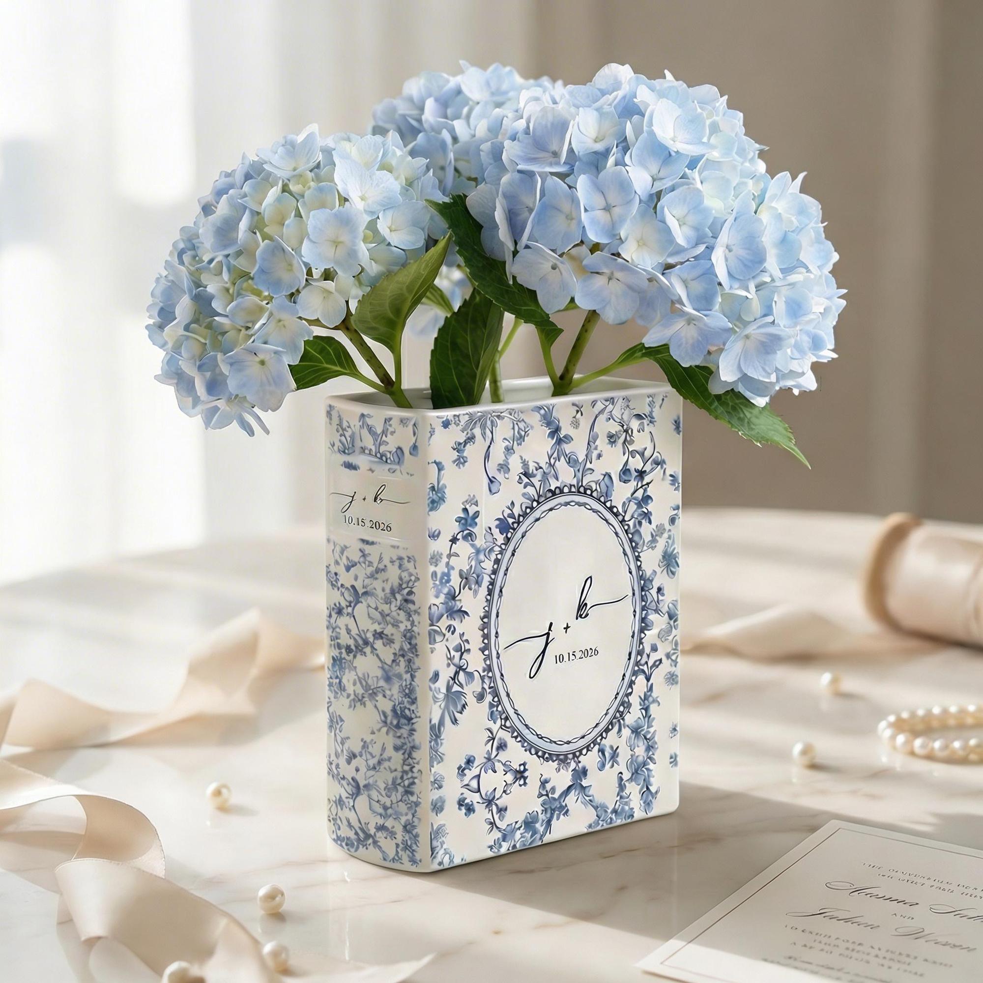 Personalized Ceramic Book Vase, Custom Toile de Jouy Wedding Vase With Couple Initials, Bridal Shower Gift