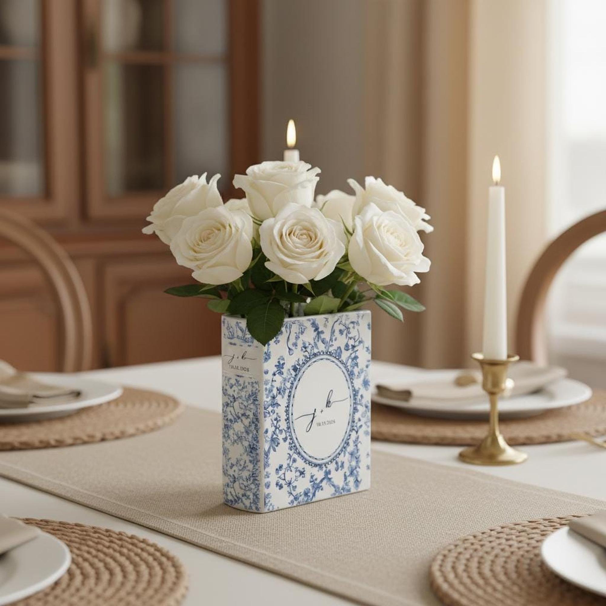 Personalized Ceramic Book Vase, Custom Toile de Jouy Wedding Vase With Couple Initials, Bridal Shower Gift