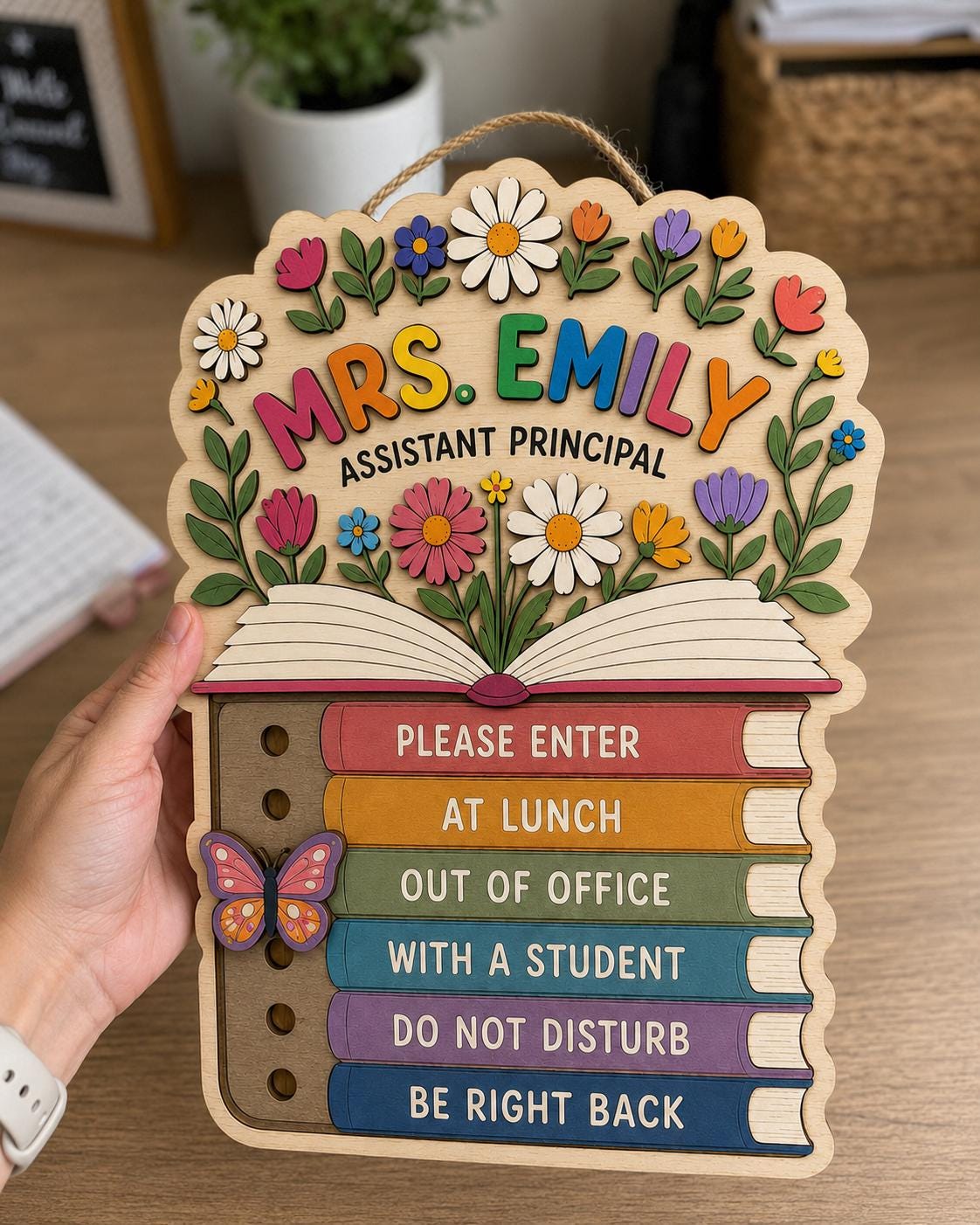 Personalized Floral Plywood School Psychologist Door Sign with Name and Status Markers Office Gift for Educators