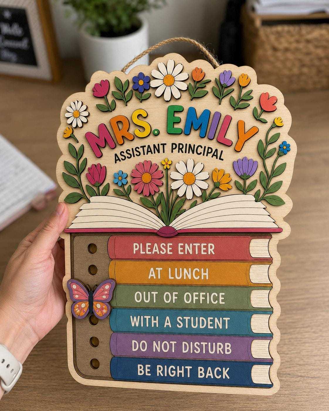 Personalized Floral Plywood School Psychologist Door Sign with Name and Status Markers Office Gift for Educators