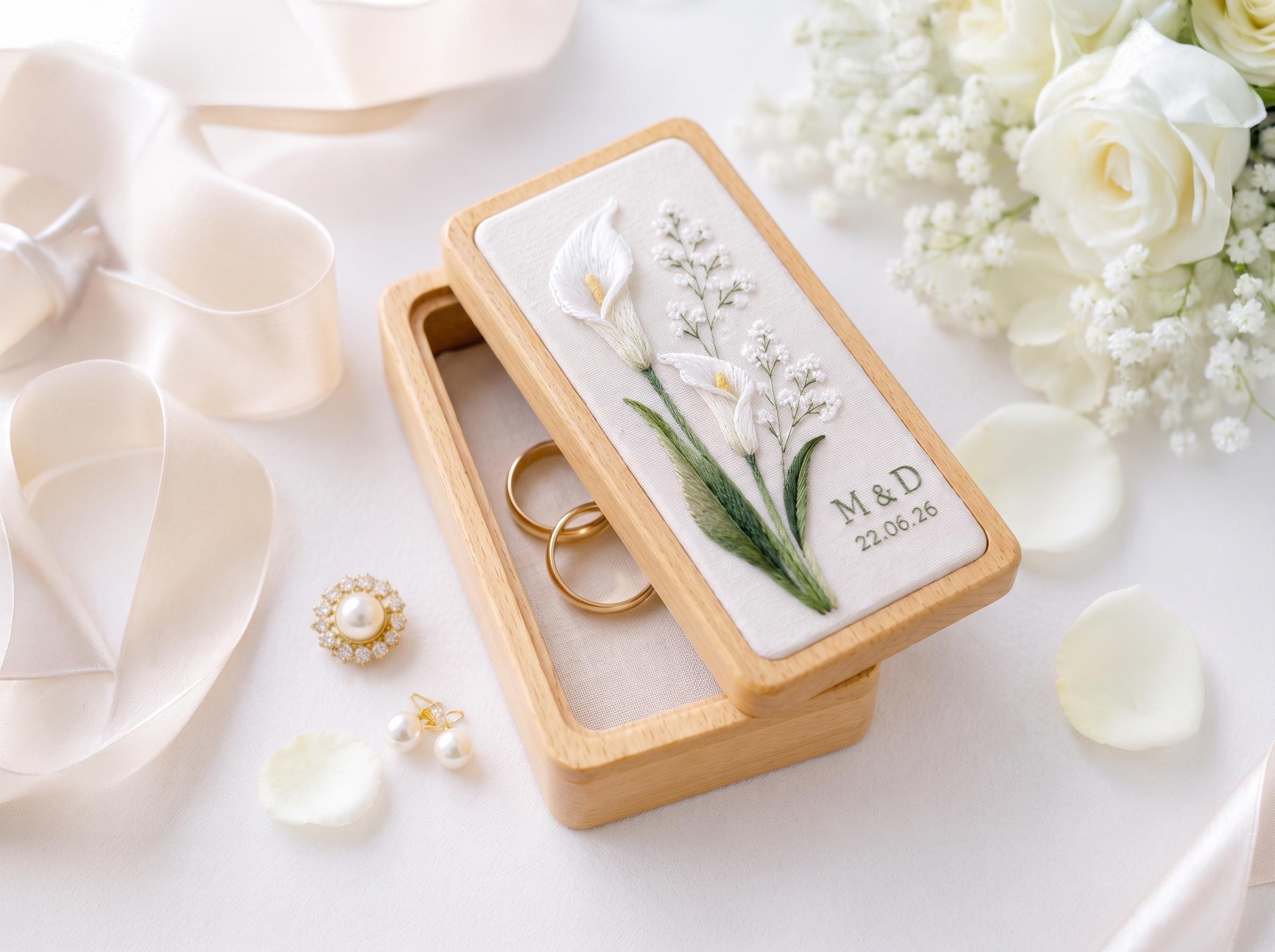 Personalized Calla Lily Linen Jewelry Box with Initials and Date Wedding Ring Keepsake Gift for Bride