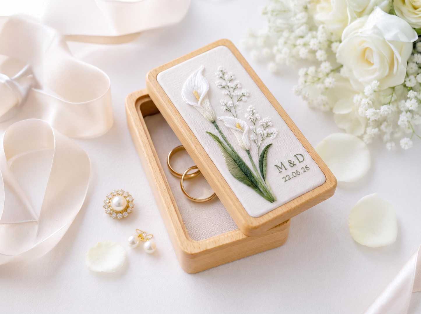 Personalized Calla Lily Linen Jewelry Box with Initials and Date Wedding Ring Keepsake Gift for Bride