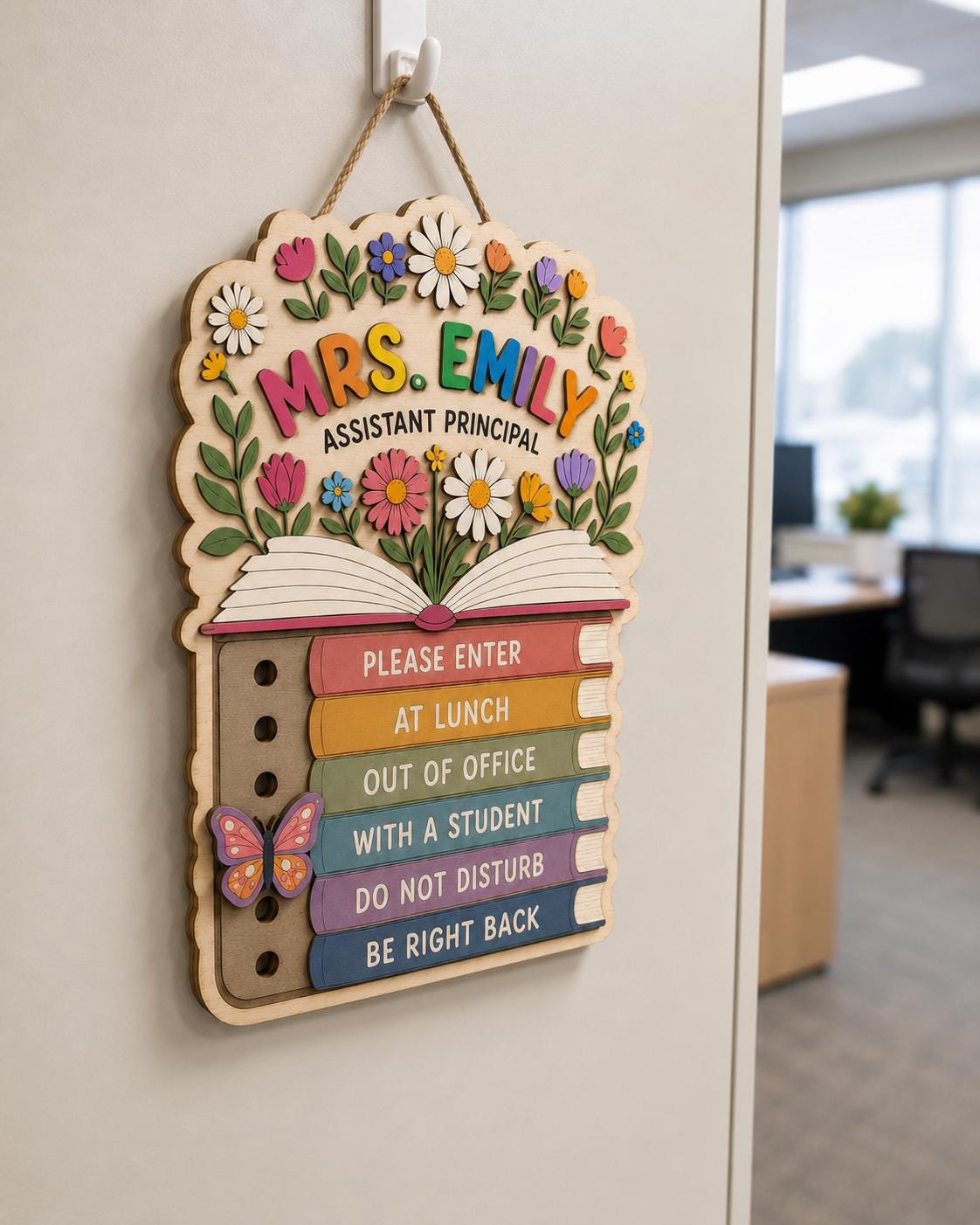 Personalized Floral Plywood School Psychologist Door Sign with Name and Status Markers Office Gift for Educators