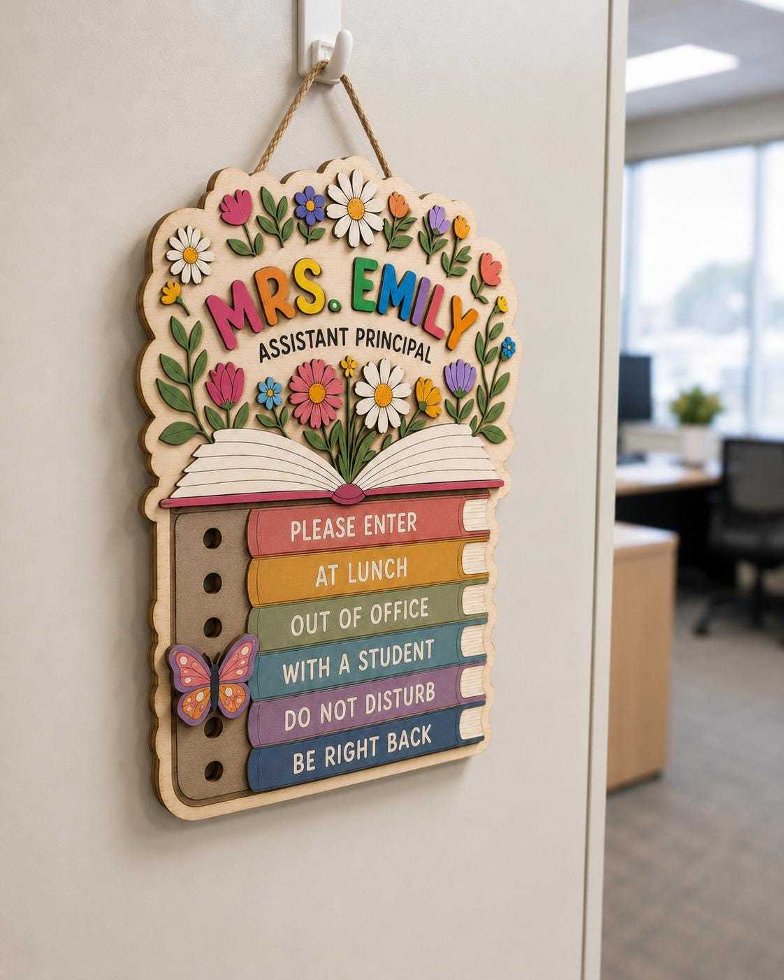 Personalized Floral Plywood School Psychologist Door Sign with Name and Status Markers Office Gift for Educators