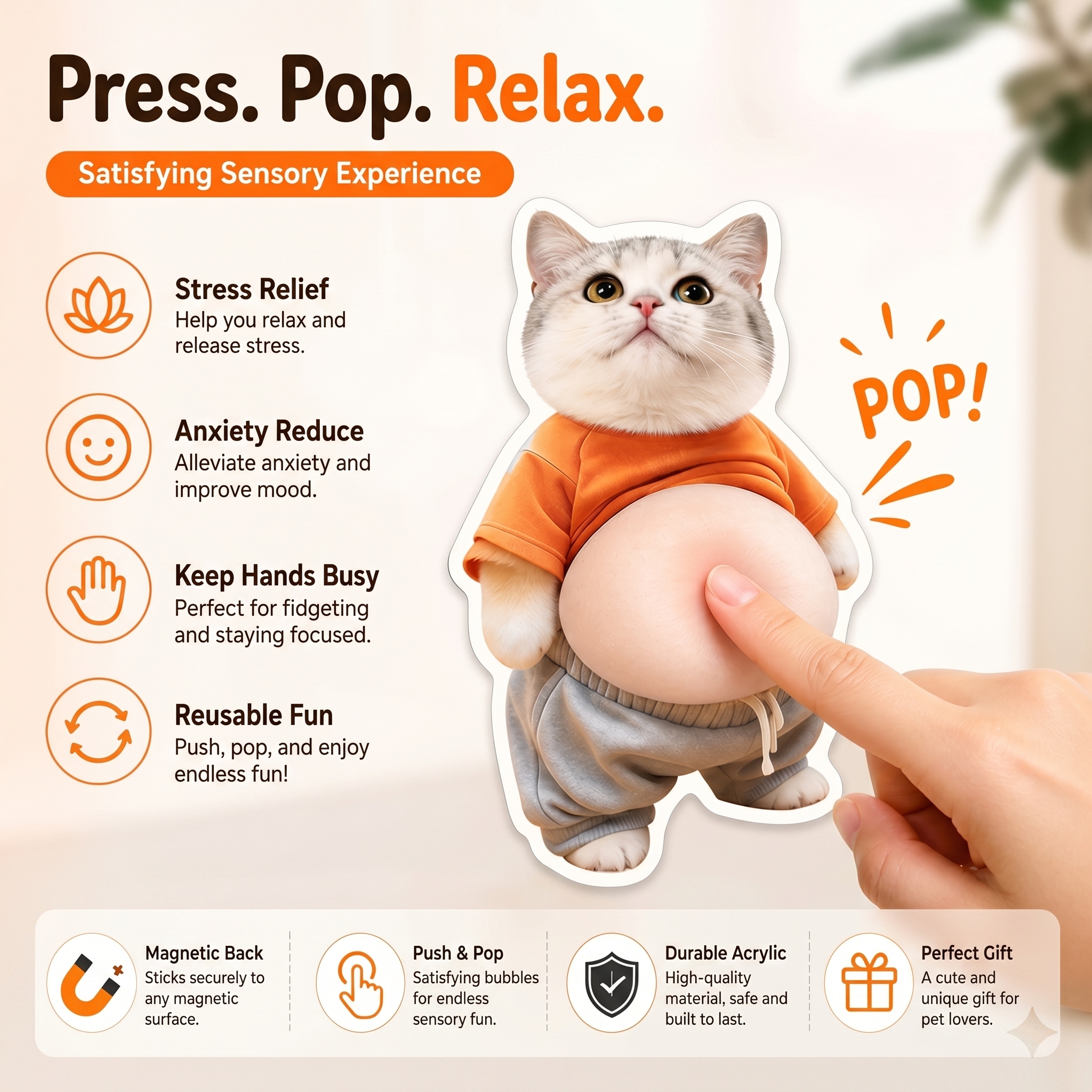 Personalized Cat & Dog Pet Portrait Acrylic Magnet, Squishy Fidget Push Pop Gift
