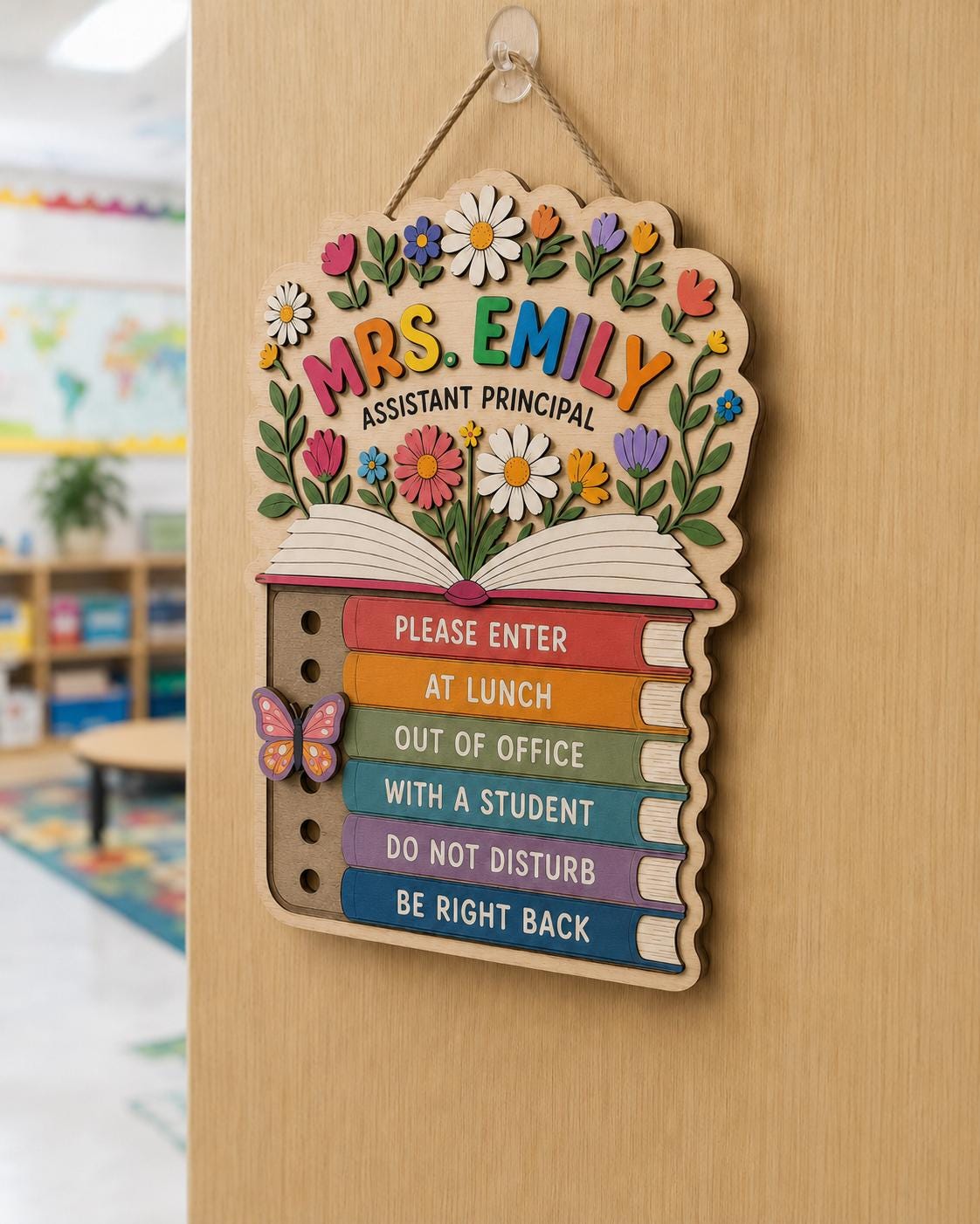 Personalized Floral Plywood School Psychologist Door Sign with Name and Status Markers Office Gift for Educators