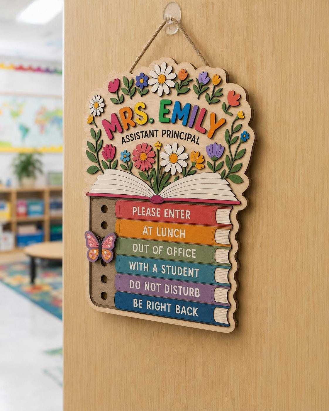 Personalized Floral Plywood School Psychologist Door Sign with Name and Status Markers Office Gift for Educators