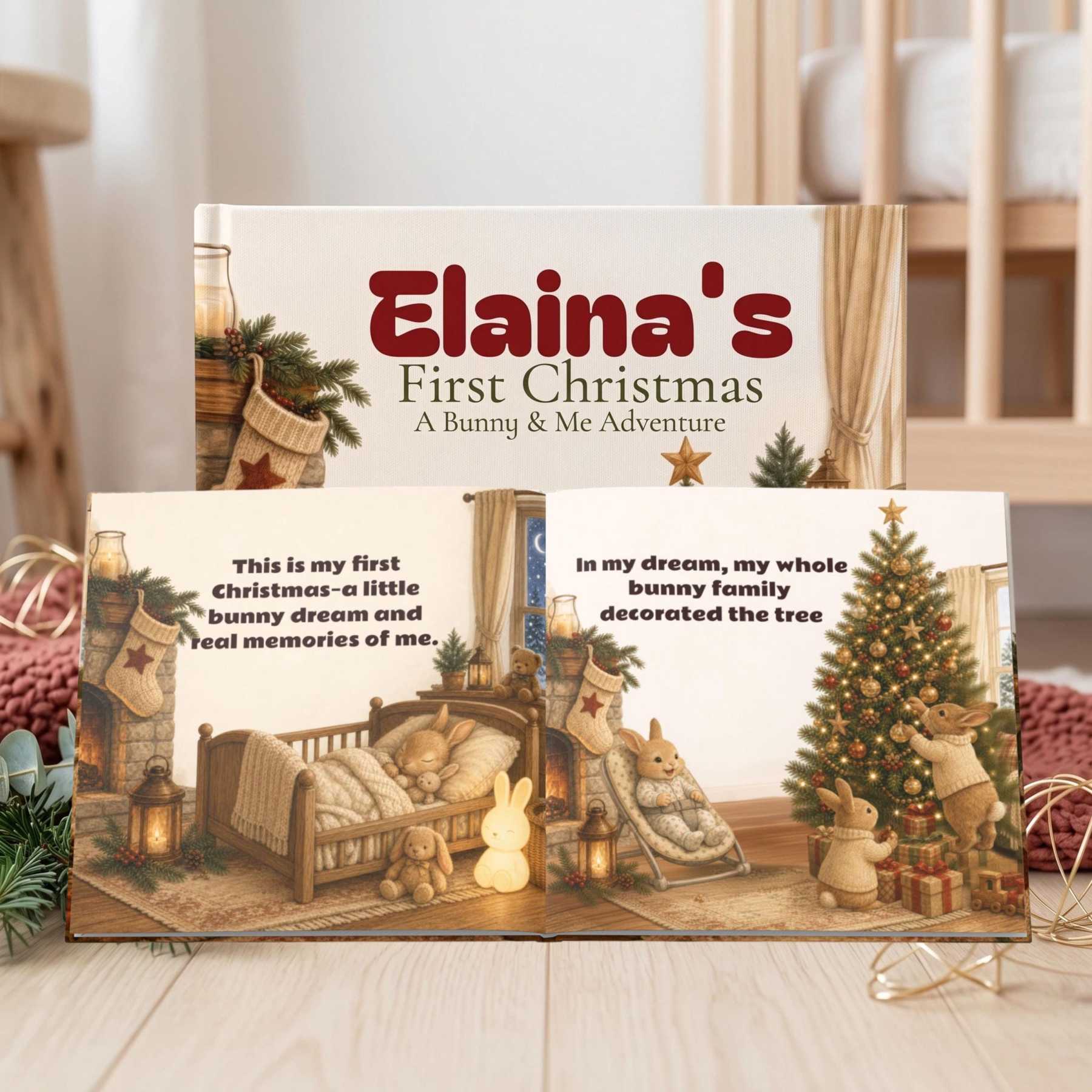 Personalized Bunny Baby's First Christmas Book with Name and Photos Holiday Keepsake Gift for New Parents