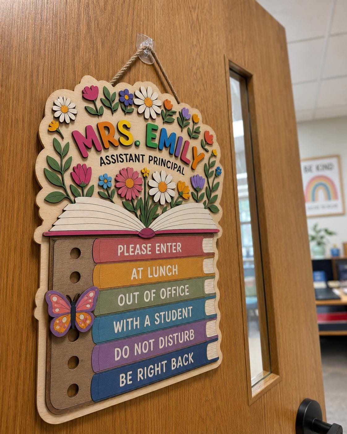Personalized Floral Plywood School Psychologist Door Sign with Name and Status Markers Office Gift for Educators