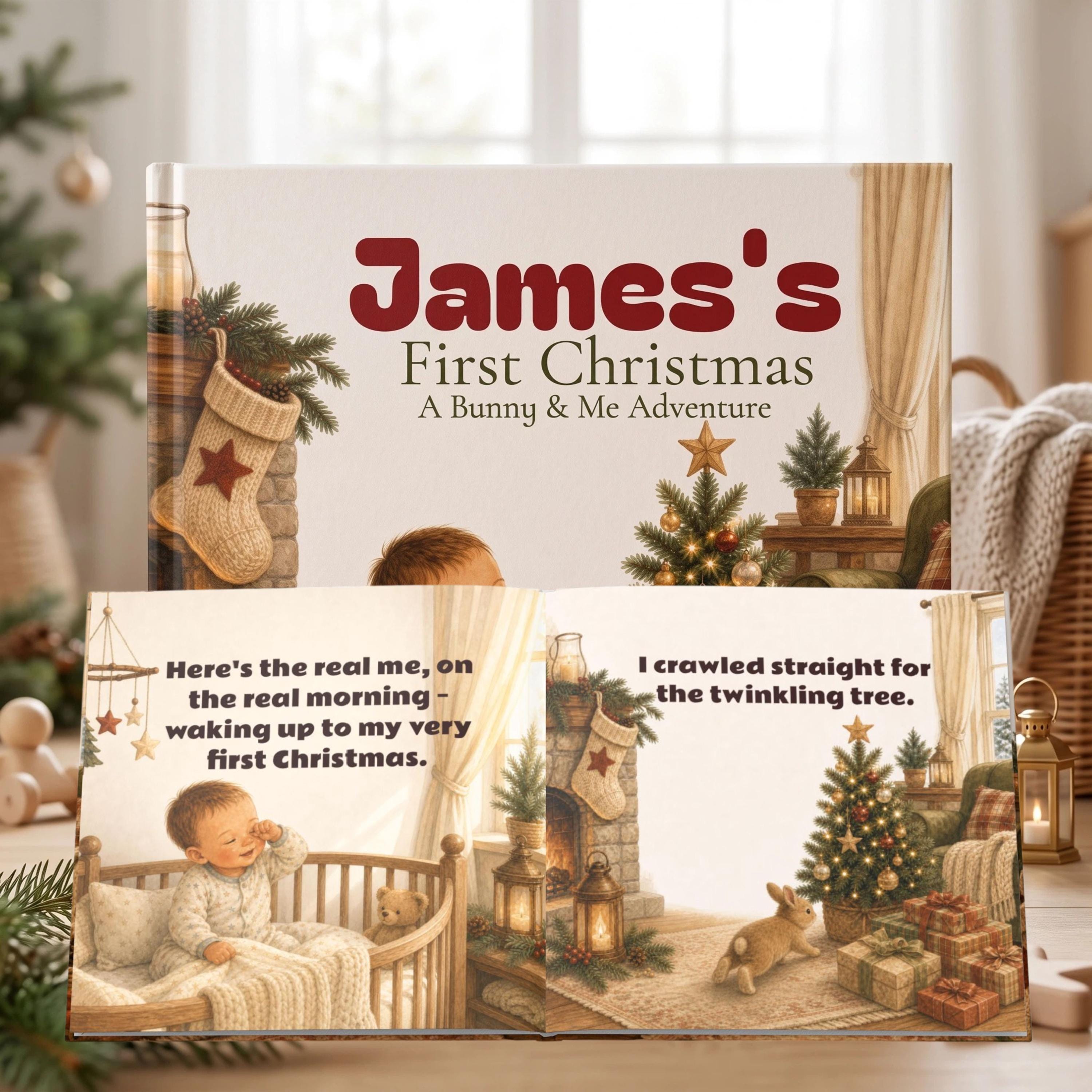 Personalized Bunny Baby's First Christmas Book with Name and Photos Holiday Keepsake Gift for New Parents