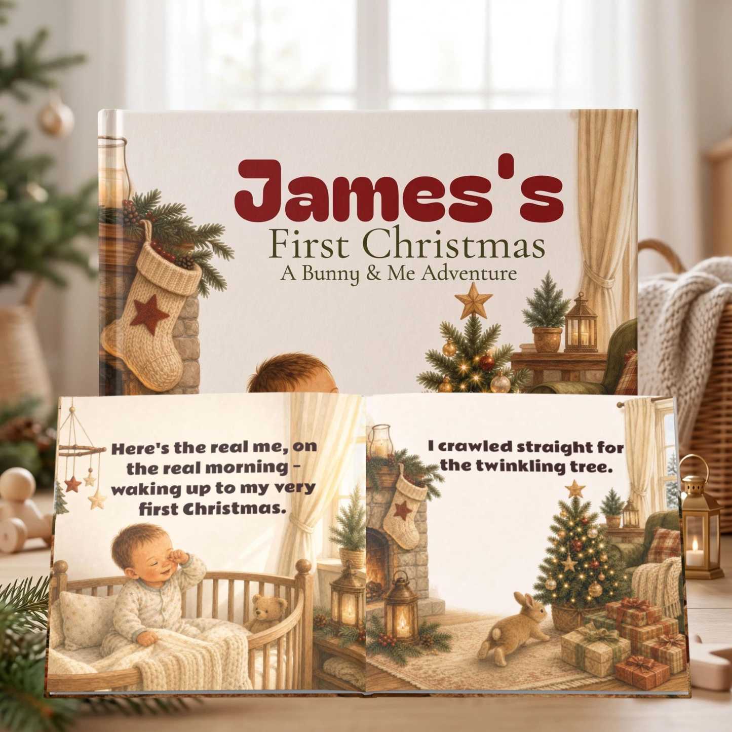 Personalized Bunny Baby's First Christmas Book with Name and Photos Holiday Keepsake Gift for New Parents