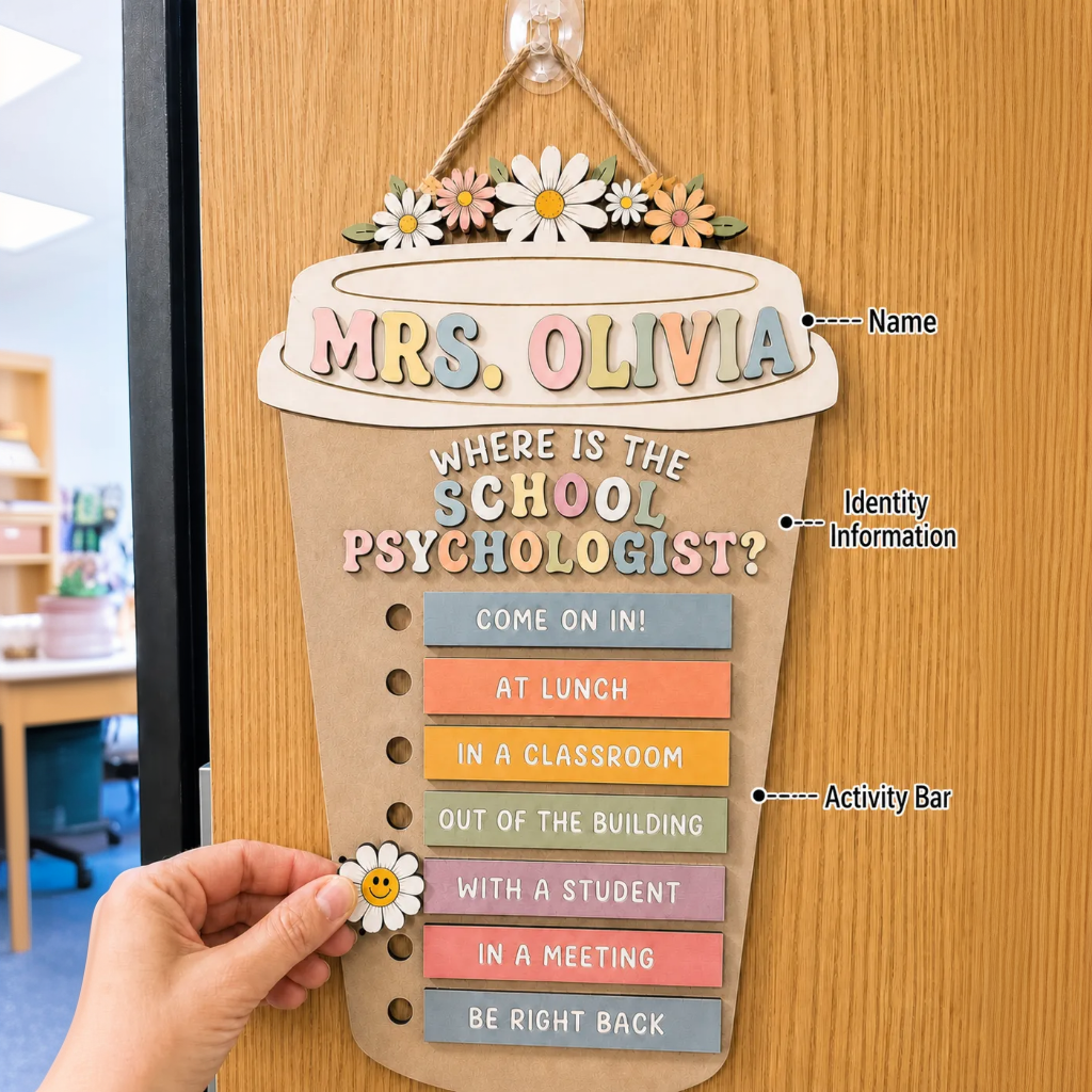 Personalized Wooden School Psychologist Door Sign with Name and Status Bars Office Decor Gift for Educators