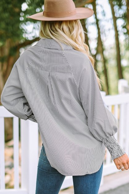 🏆️Mid-length smocked shirt with striped lapel and oversized drawdown sleeves-SLOOSELYK
