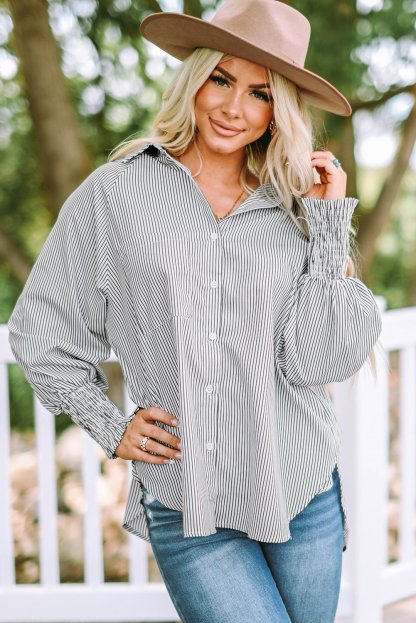 🏆️Mid-length smocked shirt with striped lapel and oversized drawdown sleeves-SLOOSELYK
