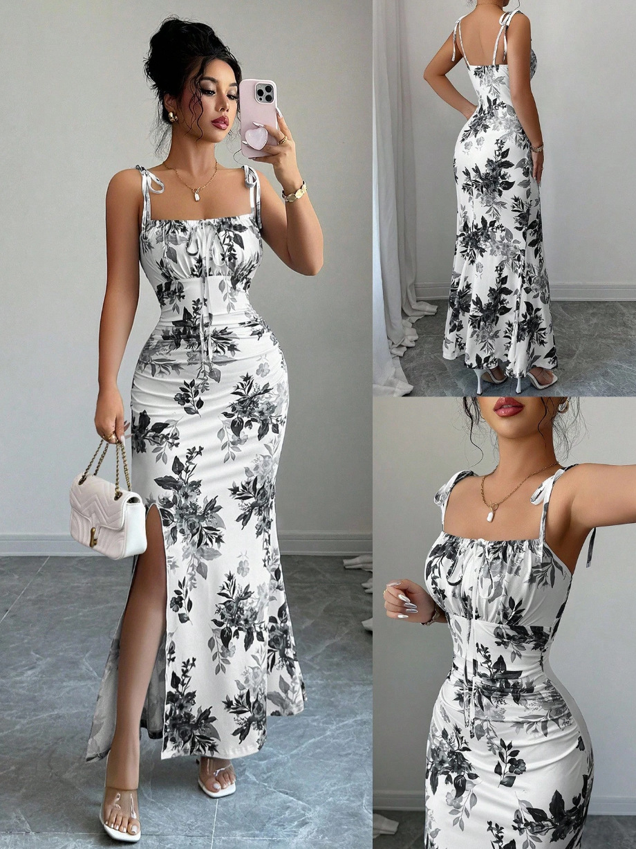 New Women's Fine Strap Bow Waist Ruched Hem Slit Design Dress