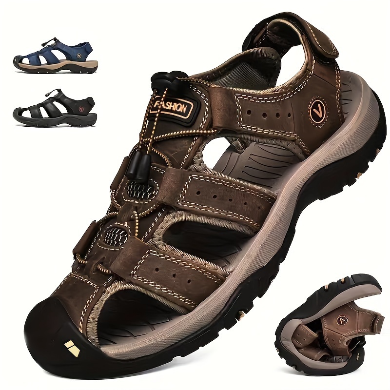 Men’s Genuine Leather Closed-Toe Sandals – Adjustable Buckle & Non-Slip Comfort