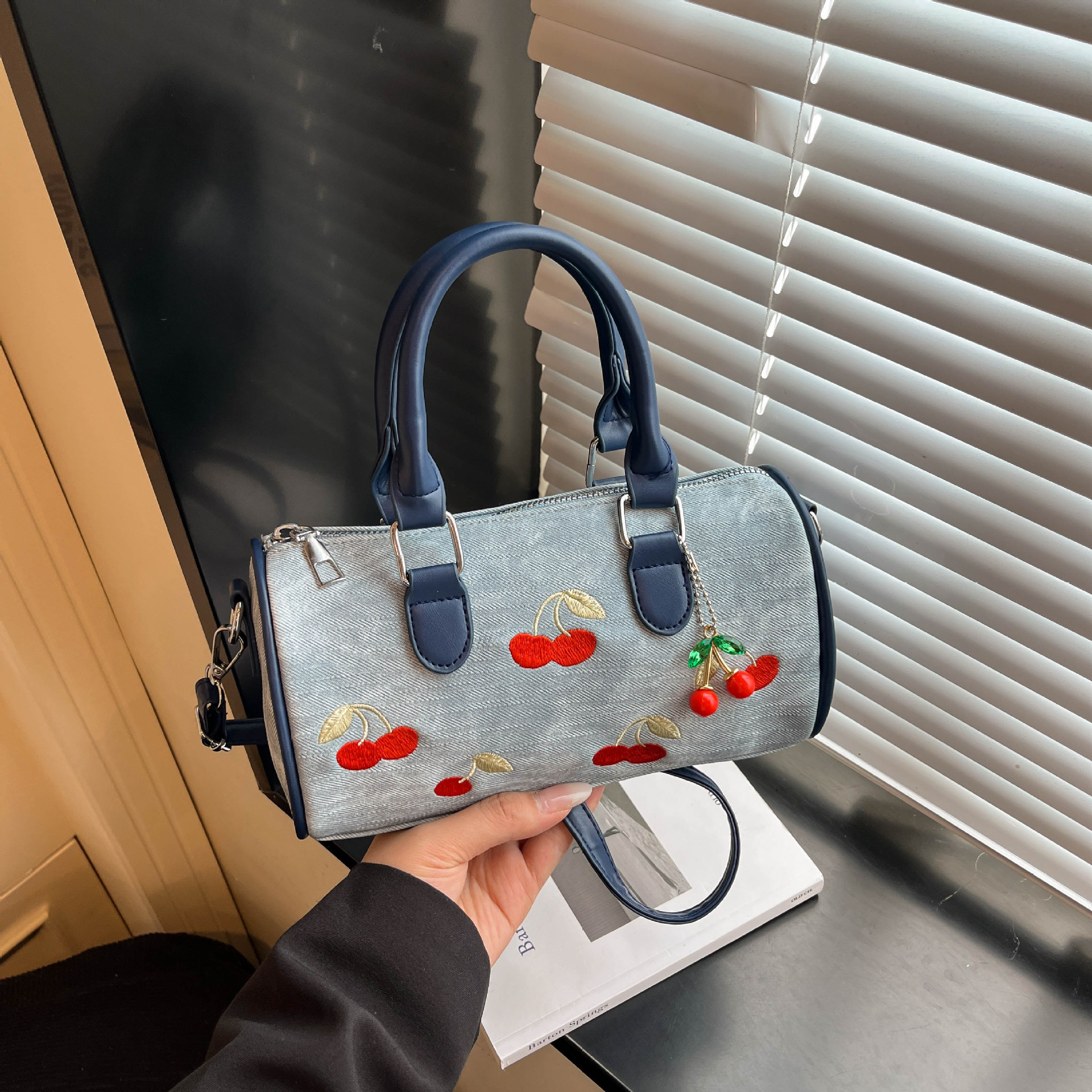 Women's Cherry Embroidered Denim Boston Bag – Vintage Everyday Handbag