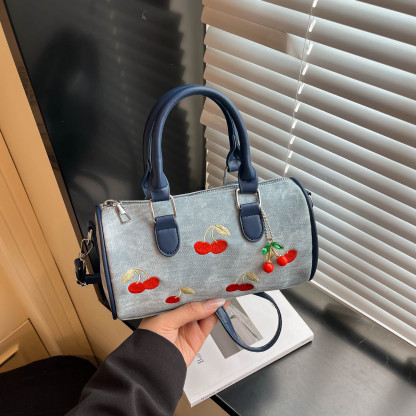 Women's Cherry Embroidered Denim Boston Bag – Vintage Everyday Handbag
