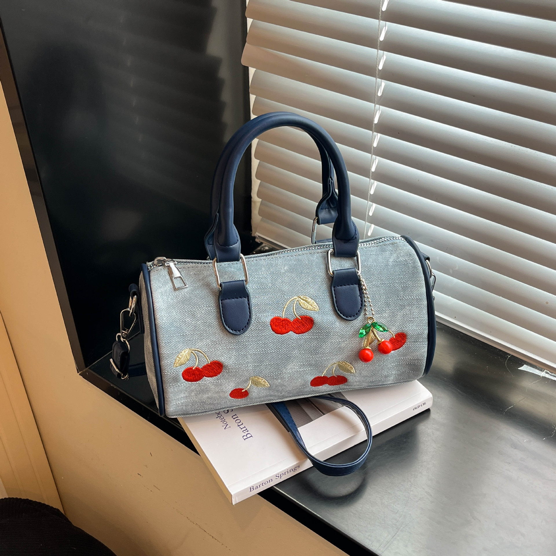 Women's Cherry Embroidered Denim Boston Bag – Vintage Everyday Handbag