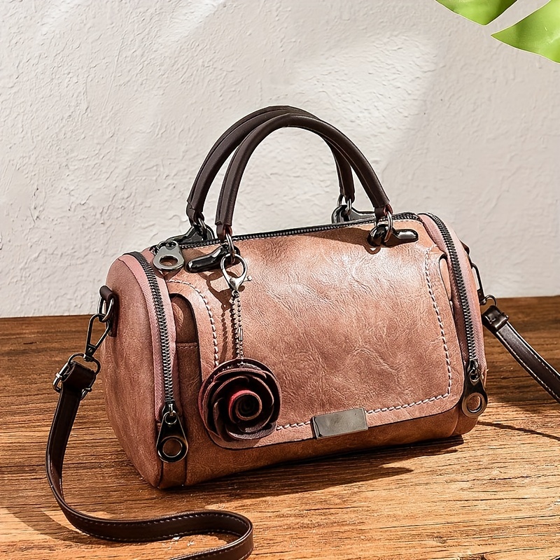 Women’s Vintage Rose Boston Bag – Large Capacity Crossbody Shoulder Purse