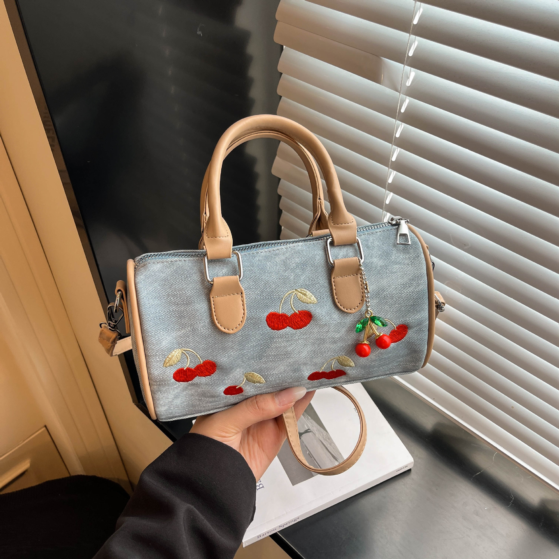 Women's Cherry Embroidered Denim Boston Bag – Vintage Everyday Handbag