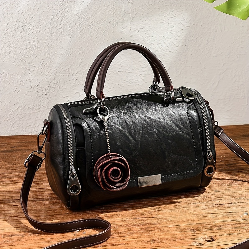 Women’s Vintage Rose Boston Bag – Large Capacity Crossbody Shoulder Purse