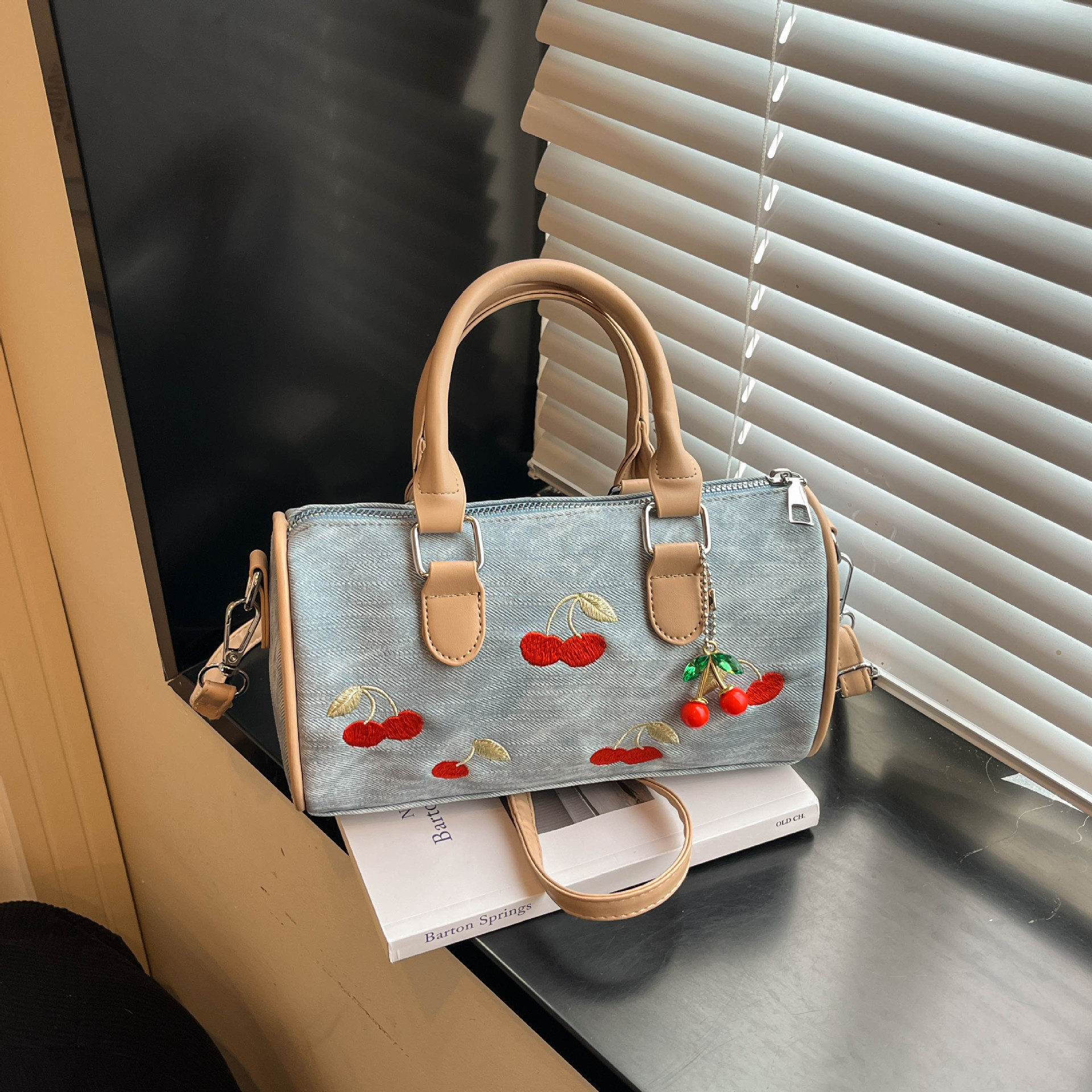 Women's Cherry Embroidered Denim Boston Bag – Vintage Everyday Handbag