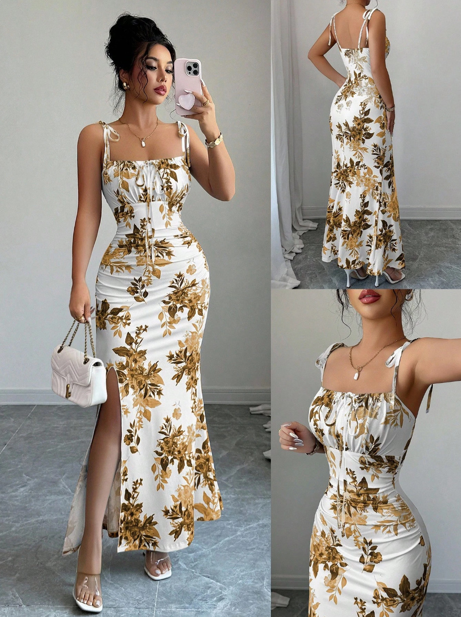 New Women's Fine Strap Bow Waist Ruched Hem Slit Design Dress